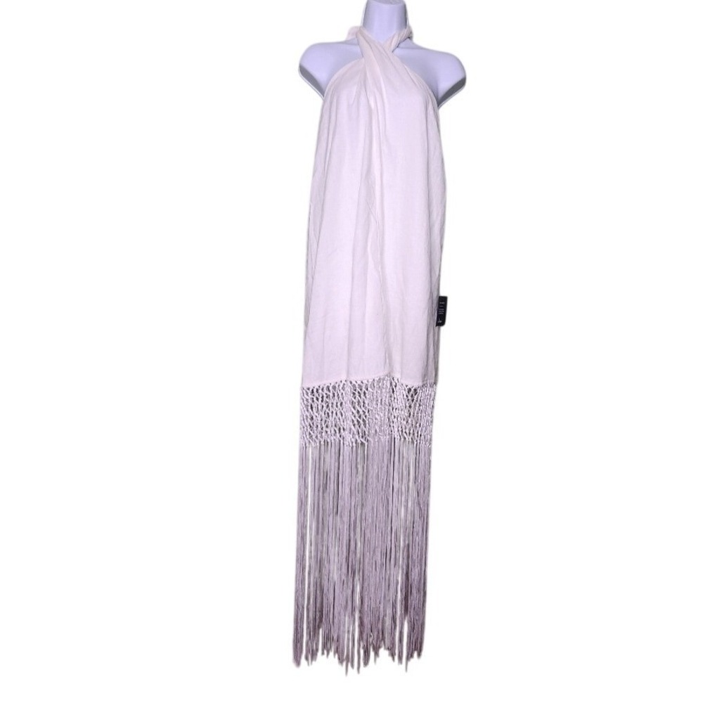 Lulus Linen Halter Maxi Dress Ivory Fringe Coastal Summer Vacation Beach M